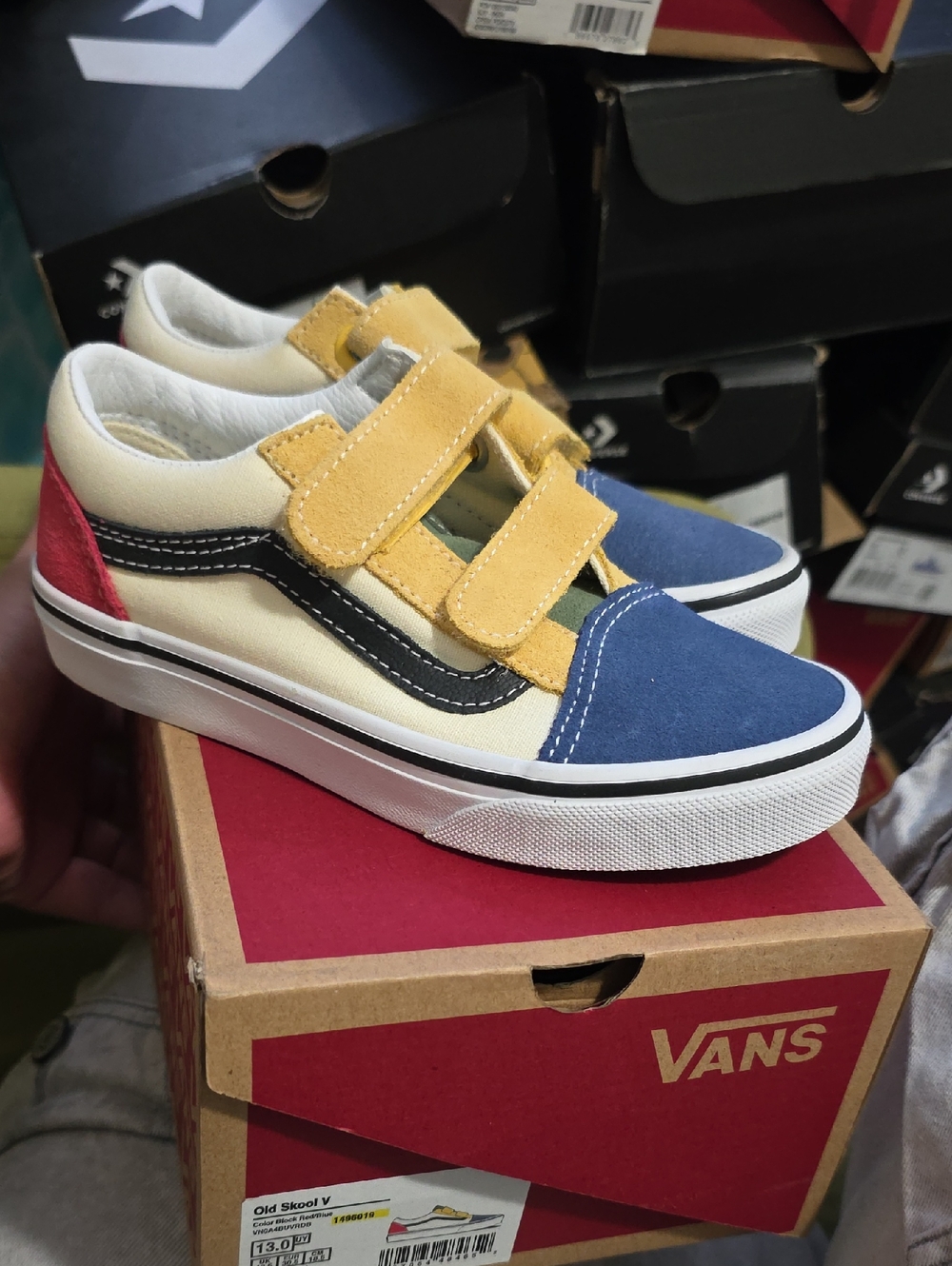 Vans Kids Old Skool Velcro Sneakers in Blue, Yellow, Red, Cream